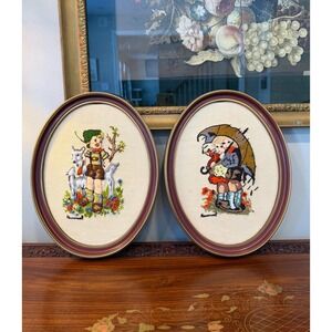 Vintage Hummel Embroidered Wall Art Pair – Framed Oval Needlework (13x10)